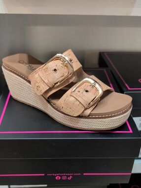 NIB From Corky's Footwear, Cork-Style Wedge Sandal with Gold Buckles - Tan